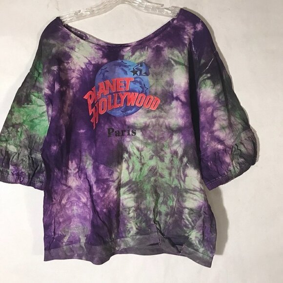 Planet Hollywood Paris Puffy Sleeves Vintage Reworked Tie Dye Shirt Purple Large - Picture 2 of 8